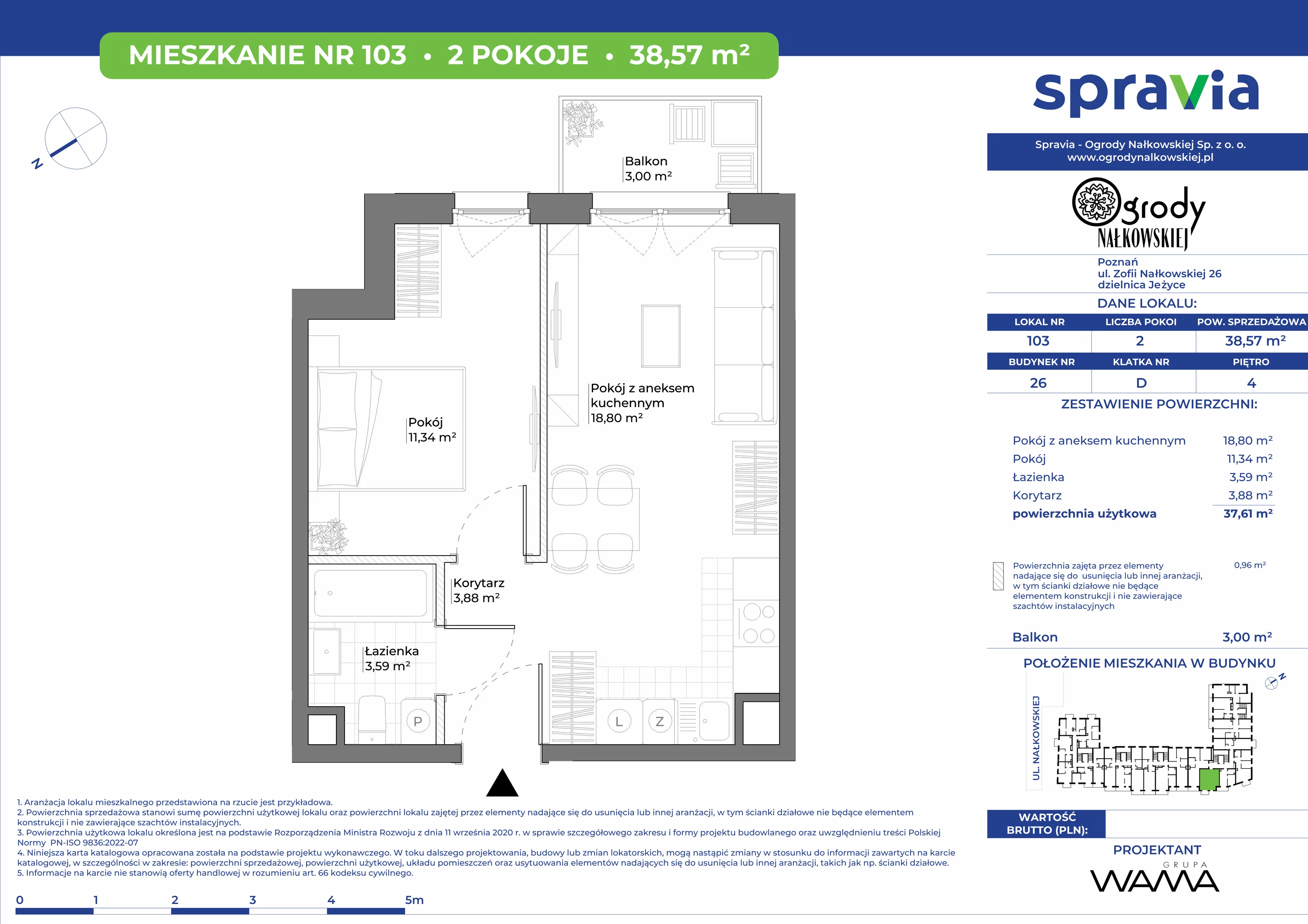 2 pokoje, mieszkanie 38,57 m², piętro 4, oferta nr 26-103, Ogrody Nałkowskiej, Poznań, Ogrody, ul. Nałkowskiej 24, 26